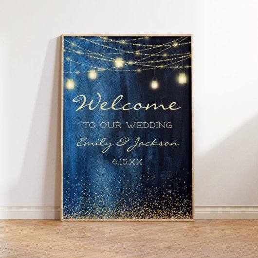 Navy Blue Gold String Lights Weddenschap Welkom Poster