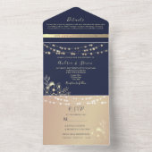 Navy Blue Gold String Lights Wedding All In One Uitnodiging (Binnen)