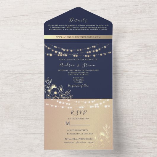 Navy Blue Gold String Lights Wedding All In One Uitnodiging (Binnen)