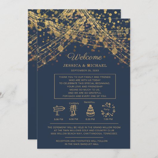Navy Blue Gold String Lights Wedding Itinerary Kaart (Voorkant / Achterkant)
