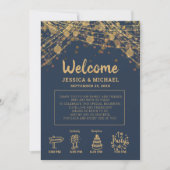 Navy Blue Gold String Lights Wedding Itinerary Kaart (Voorkant)