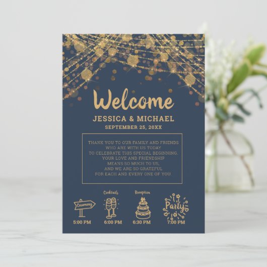Navy Blue Gold String Lights Wedding Itinerary Kaart (Staand voorkant)