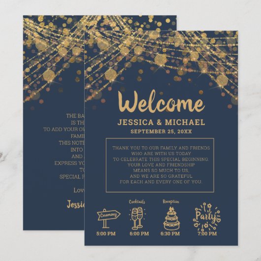 Navy Blue Gold String Lights Wedding Itinerary Kaart (Voorkant / Achterkant)