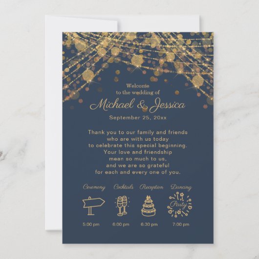 Navy Blue Gold String Lights Wedding Itinerary Kaart (Voorkant)