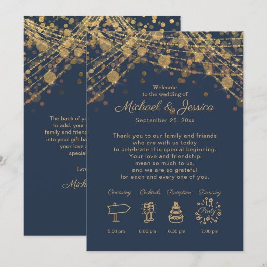Navy Blue Gold String Lights Wedding Itinerary Kaart (Voorkant / Achterkant)