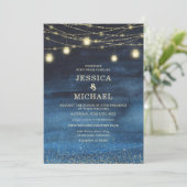 Navy Blue Gold String Lights Wedding Kaart (Staand voorkant)