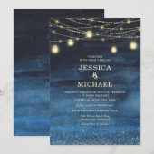 Navy Blue Gold String Lights Wedding Kaart (Voorkant / Achterkant)