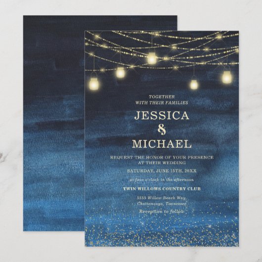 Navy Blue Gold String Lights Wedding Kaart (Voorkant / Achterkant)