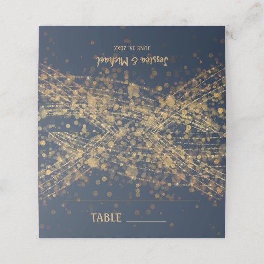 Navy Blue Gold String Lights Wedding Plaatskaartje (Buitenkant ongevouwen)