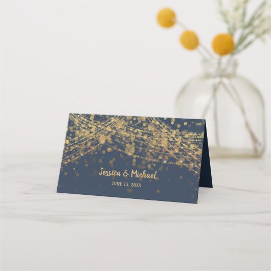 Navy Blue Gold String Lights Wedding Plaatskaartje (Achterkant)