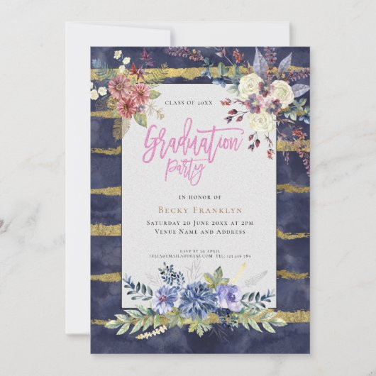 Navy Blue/Gold Stripe/Floral/Uw foto/Afstuderen Kaart (Voorkant)