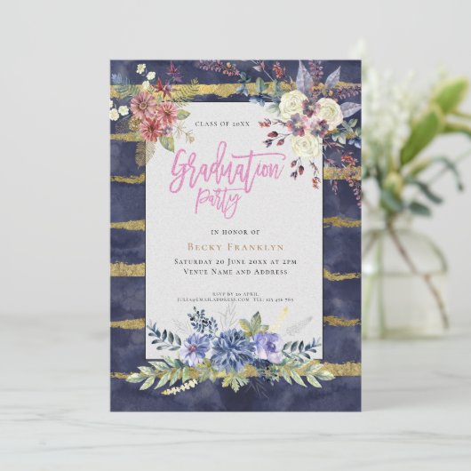 Navy Blue/Gold Stripe/Floral/Uw foto/Afstuderen Kaart (Staand voorkant)