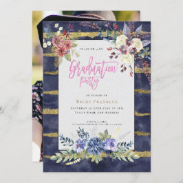 Navy Blue/Gold Stripe/Floral/Uw foto/Afstuderen Kaart