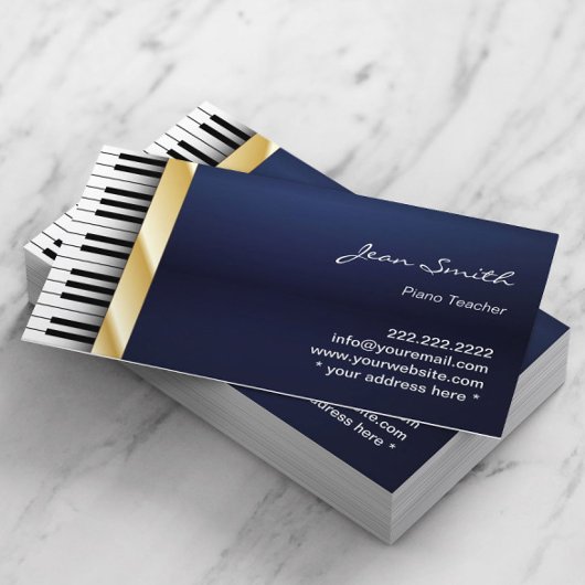 Navy Blue Gold Stripe Music Piano Teacher Visitekaartje
