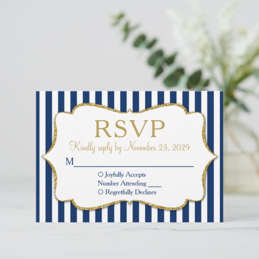 Navy Blue Gold Stripe RSVP Wedding Response (Staand voorkant)