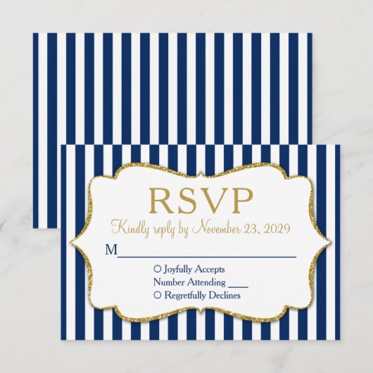 Navy Blue Gold Stripe RSVP Wedding Response (Voorkant / Achterkant)