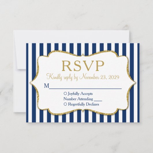 Navy Blue Gold Stripe RSVP Wedding Response Kaartje (Voorkant)