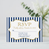 Navy Blue Gold Stripe RSVP Wedding Response Kaartje (Staand voorkant)
