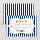 Navy Blue Gold Stripe RSVP Wedding Response Kaartje (Voorkant / Achterkant)