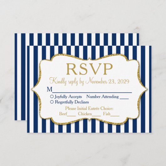 Navy Blue Gold Stripe RSVP Wedding Response Meal (Voorkant / Achterkant)