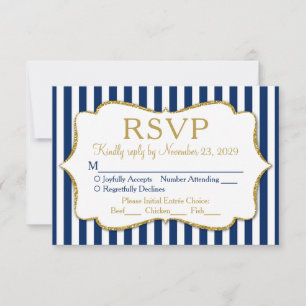 Navy Blue Gold Stripe RSVP Wedding Response Meal Kaartje