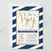 Navy Blue Gold Stripes Boy Baby Shower Invitations Kaart (Voorkant)