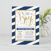 Navy Blue Gold Stripes Boy Baby Shower Invitations Kaart (Staand voorkant)