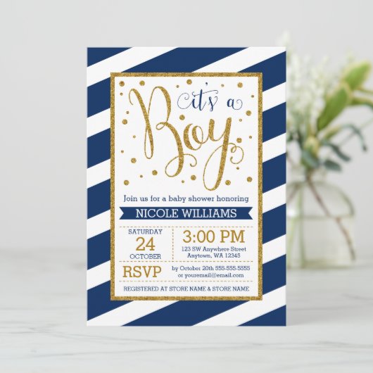 Navy Blue Gold Stripes Boy Baby Shower Invitations Kaart (Staand voorkant)