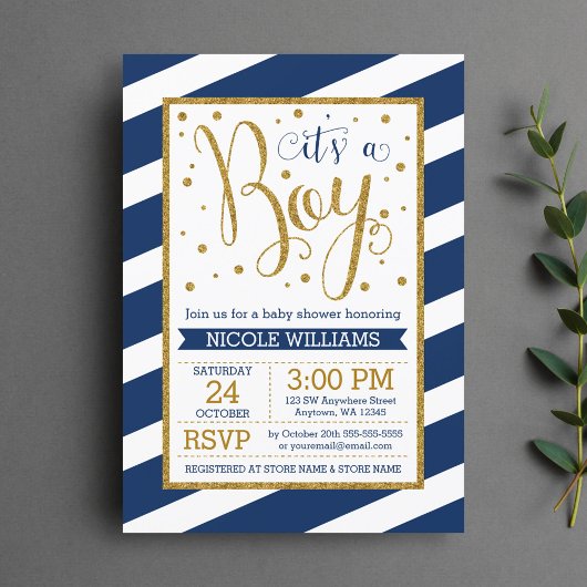 Navy Blue Gold Stripes Boy Baby Shower Invitations Kaart