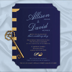 Navy Blue Gold Stripes Modern Wedding Kaart