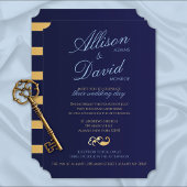 Navy Blue Gold Stripes Modern Wedding Kaart