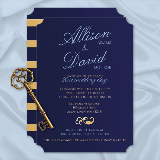 Navy Blue Gold Stripes Modern Wedding Kaart