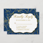 Navy Blue Gold Swirl RSVP Wedding Response Kaart (Voorkant / Achterkant)