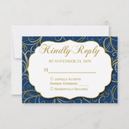 Navy Blue Gold Swirl RSVP Wedding Response Kaart