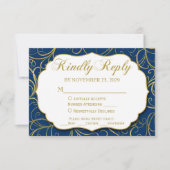 Navy Blue Gold Swirl RSVP Wedding Response w/Meal (Voorkant)