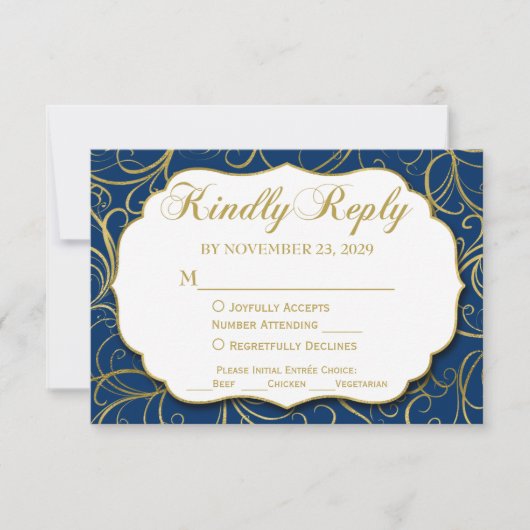 Navy Blue Gold Swirl RSVP Wedding Response w/Meal (Voorkant)