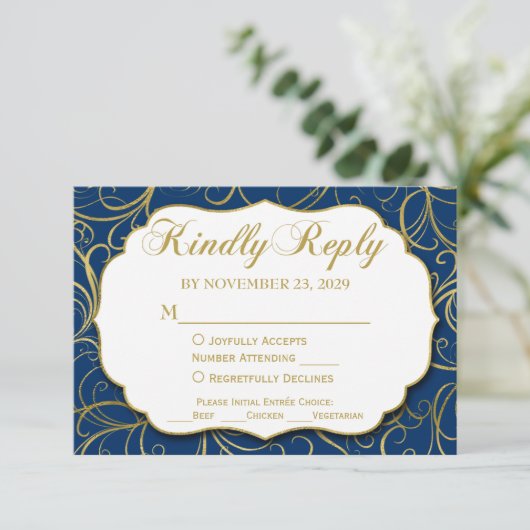 Navy Blue Gold Swirl RSVP Wedding Response w/Meal (Staand voorkant)
