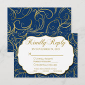 Navy Blue Gold Swirl RSVP Wedding Response w/Meal (Voorkant / Achterkant)