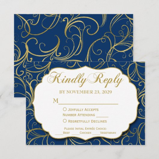 Navy Blue Gold Swirl RSVP Wedding Response w/Meal (Voorkant / Achterkant)