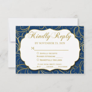 Navy Blue Gold Swirl RSVP Wedding Response w/Meal