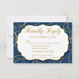 Navy Blue Gold Swirl RSVP Wedding Response w/Meal Kaartje