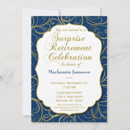 Navy Blue Gold Swirl Surprise Retirement Kaart