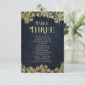 Navy Blue & Gold Swirls Zitkaart Tafelnummer (Staand voorkant)