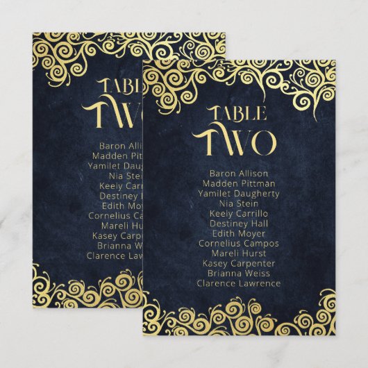 Navy Blue & Gold Swirls Zitkaart Tafelnummer (Voorkant / Achterkant)