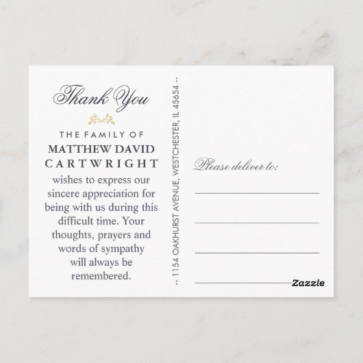 Navy Blue & Gold Sympathie Bedankt Foto Briefkaart (Achterkant)