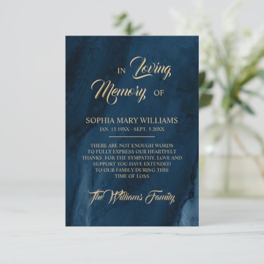 Navy Blue & Gold Sympathie Memory Hartelijk dank Bedankkaart (Staand voorkant)