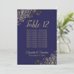 Navy Blue & Gold Table Number (aantal zitplaatsen)<br><div class="desc">Deze prachtige kaarten met groot formaat tafelnummer zijn voorzien van een eenvoudig maar elegant ontwerp met gouden scriptkalligrafie op een blauw marineschakel met een fritte gouden faux folie floral filigree in de hoeken. Elke kaart heeft ruimte voor de namen van 10 gasten zodat functioneren zij ook als zitplaatskaart die het...</div>