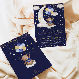 Navy Blue Gold Teddy Bear Moon & Back Baby shower Kaart