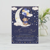 Navy Blue Gold Teddy Bear Moon & Back Baby shower Kaart (Staand voorkant)