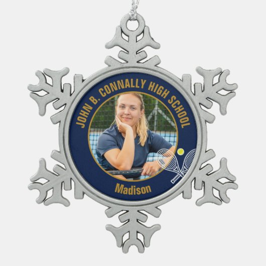 Navy Blue Gold Tennis Player Photo High School Tin Sneeuwvlok Ornament (Voorkant)